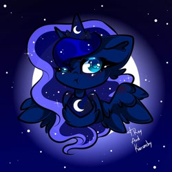 Size: 1080x1080 | Tagged: safe, artist:tessa_key_, imported from derpibooru, princess luna, alicorn, pony, :t, bust, collaboration, ethereal mane, eyelashes, female, jewelry, mare, night, peytral, signature, solo, spread wings, starry mane, stars, tiara, wings