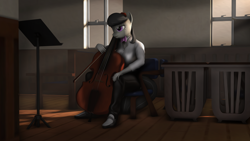 Size: 1920x1080 | Tagged: safe, artist:litterpaws, imported from derpibooru, octavia melody, anthro, plantigrade anthro, 3d, bow (instrument), bowtie, cello, distant stare, female, musical instrument, sitting, source filmmaker