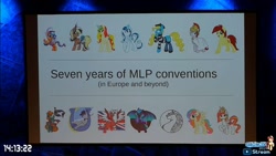 Size: 1366x768 | Tagged: safe, imported from derpibooru, oc, convention, screen, seven years of mlp conventions, speech, talking