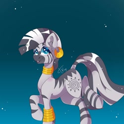 Size: 1080x1078 | Tagged: safe, artist:tessa_key_, imported from derpibooru, zecora, zebra, bracelet, ear piercing, earring, female, gradient background, jewelry, mare, neck rings, piercing, raised hoof, signature