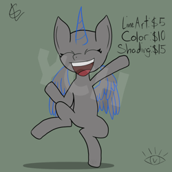 Size: 1024x1024 | Tagged: safe, artist:globlet_, imported from derpibooru, alicorn, earth pony, pegasus, pony, unicorn, celebration, commission, horn, jumping, rearing, shading, signature, skipping, smiling, solo, spread legs, spread wings, spreading, standing, standing on one leg, wings, your character here