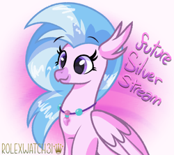 Size: 1452x1290 | Tagged: safe, artist:rolexwatch31, imported from derpibooru, silverstream, classical hippogriff, hippogriff, cute, diastreamies, female, gradient background, older, older silverstream, sitting, smiling, solo, text