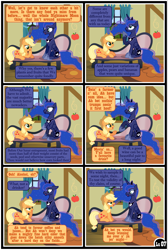 Size: 6509x9675 | Tagged: safe, artist:gutovi, imported from derpibooru, applejack, princess luna, alicorn, earth pony, pony, comic:why me!?, alternate ending, comic, female, floppy ears, hat, implied alcohol, lesbian, lidded eyes, looking at each other, lunajack, shipping, show accurate, sweet apple acres, tree
