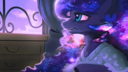 Size: 1920x1080 | Tagged: safe, artist:hierozaki, imported from derpibooru, princess luna, alicorn, pony, clothes, digital painting, drawer, ethereal mane, female, galaxy mane, mare, open mouth, pajamas, solo, starry mane, window