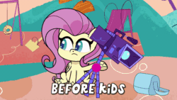 Size: 800x450 | Tagged: safe, edit, imported from derpibooru, screencap, fluttershy, rainbow dash, pegasus, pony, my little pony: pony life, spoiler:pony life s02e02, animated, bag, before and after, camera, dishevelled, female, g4.5, gif, mare, meme, messy mane, playground, pony life, saddle bag, shocked, sitting, slide, solo focus, swing set, teeter-totter, text, the crystal capturing contraption, tripod