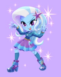 Size: 1614x2048 | Tagged: safe, artist:binco_293, imported from derpibooru, trixie, equestria girls, beautiful, blue skin, chibi, cute, diatrixes, female, human coloration, open mouth, purple background, purple eyes, simple background, solo, sparkles, white hair, woman