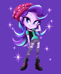 Size: 1701x2048 | Tagged: safe, artist:binco_293, imported from derpibooru, starlight glimmer, human, equestria girls, spoiler:eqg specials, beanie, beautiful, blue hair, boots, chibi, clothes, cute, female, glimmerbetes, happy, hat, human coloration, jeans, long hair, looking at you, multicolored hair, pants, pink skin, purple background, purple eyes, purple hair, purple skin, shoes, simple background, smiling, solo, sparkles, watch, wings, woman, wristwatch