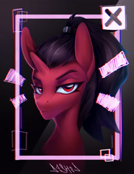 Size: 3564x4611 | Tagged: safe, artist:dashid, imported from derpibooru, oc, oc only, oc:rose (gearslavehorse), pony, unicorn, absurd resolution, black hair, bust, eyeliner, female, makeup, ponytail, red eyes, solo, unamused