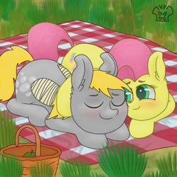 Size: 5000x5000 | Tagged: safe, artist:a-jaller, imported from derpibooru, derpy hooves, fluttershy, pegasus, pony, apple, bandage, bandaged wing, basket, blushing, cute, eyes closed, food, grass, looking left, picnic, picnic basket, picnic blanket, wings