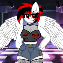 Size: 1378x1378 | Tagged: safe, artist:chubbehbunneh16, imported from derpibooru, oc, oc only, oc:flamea star, anthro, pegasus, pony, breasts, bustier, cleavage, clothes, club, eye clipping through hair, female, fishnets, hand on hip, makeup, mare, milf, multicolored eyes, pegasus oc, shorts, simple shading, solo, wings