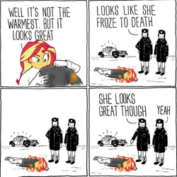 Size: 735x735 | Tagged: safe, edit, editor:shyinka, imported from derpibooru, sunset shimmer, equestria girls, clothes, cold, comic, death, exploitable meme, jacket, leather jacket, meme, police