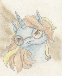 Size: 1672x2072 | Tagged: safe, artist:cindertale, imported from derpibooru, oc, oc only, pony, unicorn, bust, freckles, glasses, horn, solo, traditional art, unicorn oc