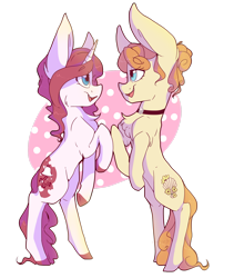 Size: 2250x2666 | Tagged: safe, artist:cookietasticx3, imported from derpibooru, oc, oc only, earth pony, pony, unicorn, chest fluff, choker, colored hooves, duo, earth pony oc, high res, horn, open mouth, rearing, simple background, smiling, solo, transparent background, unicorn oc