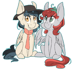 Size: 3893x3456 | Tagged: safe, artist:cookietasticx3, imported from derpibooru, oc, oc only, pegasus, pony, clothes, duo, hat, high res, pegasus oc, scarf, simple background, sitting, smiling, sun hat, transparent background, wings