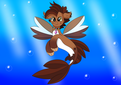 Size: 7016x4961 | Tagged: safe, artist:syncedsart, imported from derpibooru, oc, oc only, oc:autumn splash, fish, sea pony, seapony (g4), absurd resolution, background, bubble, clip studio paint, cute, digital art, fins, full body, fullbody, magical necklace, male, ocean, seaquestria, solo, swimming, underwater