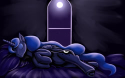 Size: 1920x1200 | Tagged: safe, artist:earthquake87, imported from derpibooru, princess luna, alicorn, pony, bed, comfy, eyes closed, moon, moonlight, pillow, sleeping, smiling, solo, underhoof, window