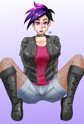 Size: 1500x2200 | Tagged: safe, artist:zachc, imported from derpibooru, princess celestia, human, ass, boots, butt, choker, clothes, denim shorts, eyeshadow, female, fishnet pantyhose, fishnets, humanized, jacket, leather jacket, lipstick, looking at you, makeup, punklestia, shoes, shorts, simple background, socks, solo, spiked choker, thigh highs