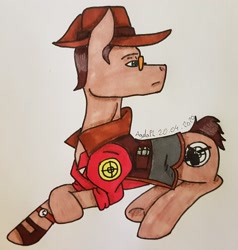 Size: 2213x2325 | Tagged: safe, artist:agdapl, imported from derpibooru, earth pony, pony, clothes, crossover, glasses, high res, looking back, lying down, male, prone, signature, sniper, solo, species swap, stallion, team fortress 2, traditional art