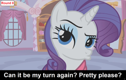 Size: 1920x1232 | Tagged: safe, imported from derpibooru, rarity, pony, unicorn, comic:celestia's servant interview, season 1, suited for success, caption, carousel boutique, cs captions, cute, duckface, female, horn, interview, looking at you, mare, raised eyebrow, raribetes, solo, text