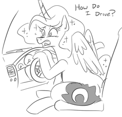 Size: 608x583 | Tagged: safe, artist:jargon scott, imported from derpibooru, imported from ponybooru, princess luna, alicorn, pony, black and white, butt, car, car interior, dialogue, female, grayscale, holding, mare, monochrome, moonbutt, open mouth, plot, question, simple background, sitting, sketch, solo, steering wheel, teary eyes, white background