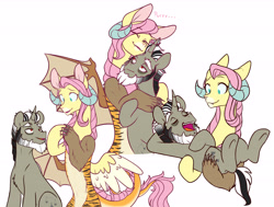 Size: 6120x4636 | Tagged: safe, artist:chub-wub, imported from derpibooru, discord, fluttershy, draconequus, pony, unicorn, absurd resolution, cuddling, discoshy, draconequified, eyes closed, female, flutterequus, holding a pony, hug, male, open mouth, ponified, pony discord, purring, role reversal, shipping, simple background, species swap, stallion, straight, underhoof, white background