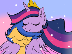 Size: 1024x768 | Tagged: safe, artist:clitterpawristic, imported from derpibooru, flash sentry, twilight sparkle, alicorn, pegasus, pony, the last problem, cute, diasentres, eyes closed, female, flashlight, hug, male, older, older twilight, princess twilight 2.0, shipping, straight, twiabetes, twilight sparkle (alicorn), winghug, wings