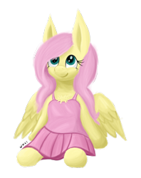 Size: 1371x1728 | Tagged: safe, artist:wapamario63, imported from ponybooru, fluttershy, pegasus, pony, chest fluff, clothes, cute, dress, female, mare, shyabetes, simple background, sitting, solo, transparent background, wings