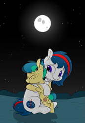 Size: 781x1131 | Tagged: safe, artist:anonymous, imported from ponybooru, oc, oc only, oc:apogee, oc:nasapone, earth pony, pegasus, pony, butt freckles, cute, earth pony oc, ethereal mane, female, filly, freckles, full moon, happy, hug, mare, moon, night, pegasus oc, smiling, starry mane, stars, sweet dreams fuel, wholesome, wings