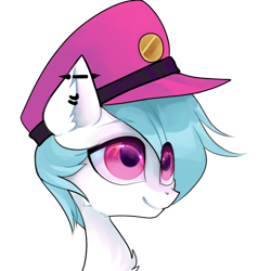 Size: 1000x1000 | Tagged: safe, alternate version, artist:minty--fresh, imported from derpibooru, oc, oc:nimbus, pegasus, alternate design, big eyes, blue mane, cute, hat, male, peaked cap, pegasus oc, pfp, piercing, pink eyes, solo, wings