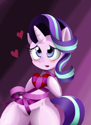 Size: 1013x1400 | Tagged: safe, anonymous artist, artist:k-nattoh, color edit, edit, imported from derpibooru, starlight glimmer, pony, unicorn, bipedal, bow, colored, gift wrapped, heart, holiday, ribbon, simple background, solo, valentine's day