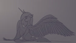 Size: 1920x1080 | Tagged: safe, artist:tenebrisnoctus, imported from derpibooru, twilight sparkle, alicorn, pony, the last problem, female, grayscale, large wings, mare, monochrome, older, older twilight, one wing out, princess twilight 2.0, sitting, solo, twilight sparkle (alicorn), wings