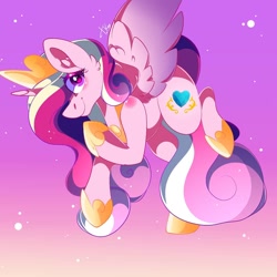 Size: 1080x1078 | Tagged: safe, artist:tessa_key_, imported from derpibooru, princess cadance, alicorn, pony, ear fluff, female, flying, gradient background, hoof shoes, horn, jewelry, mare, signature, solo, tiara, wings
