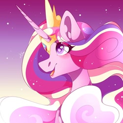 Size: 1080x1080 | Tagged: safe, artist:tessa_key_, imported from derpibooru, princess cadance, alicorn, pony, ear fluff, female, gradient background, heart eyes, horn, jewelry, mare, open mouth, peytral, signature, smiling, solo, tiara, wingding eyes