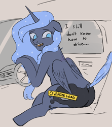 Size: 2480x2809 | Tagged: safe, artist:nire, imported from derpibooru, princess luna, alicorn, pony, butt, car, female, high res, mare, moonbutt, plot, solo, solo female, steering wheel