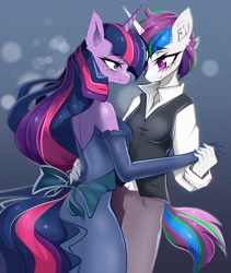 Size: 1245x1472 | Tagged: safe, artist:kamushek228, imported from derpibooru, twilight sparkle, oc, oc:cake sparkle, anthro, unicorn, canon x oc, clothes, dancing, dress, eye contact, grin, holding hands, looking at each other, shipping, smiling