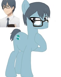 Size: 1080x1350 | Tagged: safe, artist:ponyrefaa, imported from derpibooru, earth pony, human, pony, bust, clothes, crossover, duo, glasses, hoof on chest, mahoushoujosite, male, necktie, ponified, simple background, stallion, white background