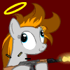 Size: 100x100 | Tagged: safe, artist:maximussolini, imported from derpibooru, oc, oc only, earth pony, pony, animated, bust, derp, earth pony oc, eyelashes, female, gif, gun, halo, mare, red background, simple background, smiling, solo, weapon