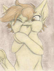 Size: 1719x2271 | Tagged: safe, artist:cindertale, imported from derpibooru, oc, oc only, earth pony, pony, earth pony oc, frog (hoof), hoof sucking, lying down, on back, one eye closed, solo, traditional art, underhoof, wink