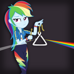 Size: 1450x1450 | Tagged: safe, artist:grapefruit-face, imported from derpibooru, rainbow dash, equestria girls, equestria girls series, base used, clothes, female, geode of super speed, looking to the left, magical geodes, musical instrument, pink floyd, remake, show accurate, solo, the dark side of the moon, triangle, wristband