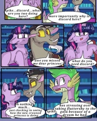 Size: 540x675 | Tagged: safe, artist:cocolove2176, imported from derpibooru, discord, spike, twilight sparkle, alicorn, draconequus, dragon, pony, comic:fluttering chaos, blushing, comic, dialogue, female, implied discoshy, implied shipping, implied straight, male, mare, twilight sparkle (alicorn), winged spike, wings