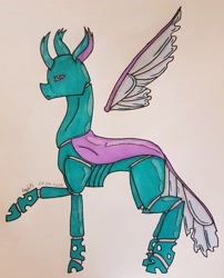 Size: 2987x3696 | Tagged: safe, artist:agdapl, imported from derpibooru, changedling, changeling, changedlingified, crossover, curved horn, floating wings, high res, horn, male, raised hoof, signature, solo, species swap, spy, team fortress 2, traditional art, wings