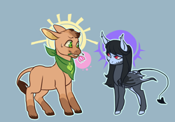 Size: 1500x1050 | Tagged: safe, artist:lavvythejackalope, imported from derpibooru, oc, oc only, oc:darcy, oc:ill fated, bat pony, donkey, pony, bat pony oc, bat wings, blue background, donkey oc, duo, flower, flower in mouth, mouth hold, neckerchief, simple background, unshorn fetlocks, wings