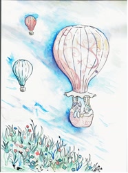 Size: 2000x2681 | Tagged: safe, artist:nedemai, imported from derpibooru, spike, twilight sparkle, dragon, pony, air balloon, balloon, floating, grass, high res, hot air balloon, scenery, traditional art, watercolor painting