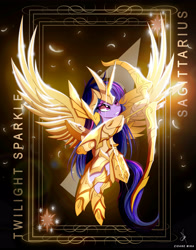 Size: 3928x5000 | Tagged: safe, artist:zidanemina, imported from derpibooru, imported from ponybooru, twilight sparkle, alicorn, pony, absurd resolution, anime, armor, arrow, bow (weapon), bow and arrow, crossover, female, mare, sagittarius, saint seiya, solo, twilight sparkle (alicorn), weapon