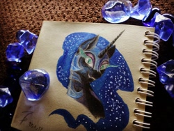 Size: 1080x810 | Tagged: safe, artist:tnart, imported from derpibooru, nightmare moon, princess luna, alicorn, pony, antagonist, female, glowing eyes, helmet, mare, mare in the moon, moon, my little pony, pencil drawing, photo, traditional art, villainess, watercolor painting