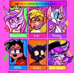 Size: 1080x1073 | Tagged: safe, artist:xeruali, imported from derpibooru, princess cadance, alicorn, anthro, cat, dog, mouse, pony, six fanarts, :d, a goofy movie, anthro with ponies, bust, crossover, eyelashes, female, horn, littlest pet shop, mae borowski, male, mare, max goof, night in the woods, open mouth, pinky (pinky and the brain), pinky and the brain, smiling, zoe trent