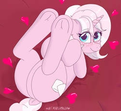 Size: 3279x3000 | Tagged: safe, alternate version, artist:marshmallowfluff, imported from derpibooru, oc, oc only, oc:marshmallow fluff, pony, unicorn, bed, blushing, dock, featureless crotch, freckles, frog (hoof), high res, looking at you, lying down, on back, on bed, smiling, tail, underhoof