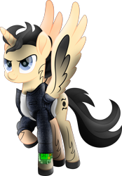 Size: 6196x8884 | Tagged: safe, artist:lincolnbrewsterfan, derpibooru exclusive, imported from derpibooru, oc, oc only, oc:breaking point, alicorn, pony, fallout equestria, my little pony: the movie, .svg available, absurd resolution, alicorn oc, alternate universe, blue eye, blue eyes, clothes, colored pupils, colored wings, confidence, confident, denim, denim jacket, determination, determined, determined face, determined look, determined smile, fire, gradient wings, happy, highlights, hoof shoes, horn, looking up, male, mane, markings, mod, movie accurate, musician, neck line, pipbuck, pipbuck 3000, ponified, ponysona, raised hoof, shading, shirt, simple background, smiling, solo, spread wings, stallion, stallion oc, svg, t-shirt, tail, tattoo, transparent background, vector, white shirt, wings