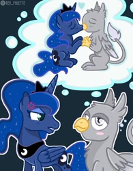 Size: 789x1013 | Tagged: safe, artist:redpalette, imported from derpibooru, princess luna, oc, griffon, canon x oc, commission, cute, digital art, griffon oc, kissing, thought bubble, ych result