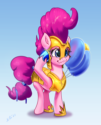 Size: 3679x4585 | Tagged: safe, artist:xbi, imported from derpibooru, pinkie pie, earth pony, pony, balloon, female, gradient background, guardsmare, helmet, mare, party balloon, ribbon, royal guard, solo, tail wrap